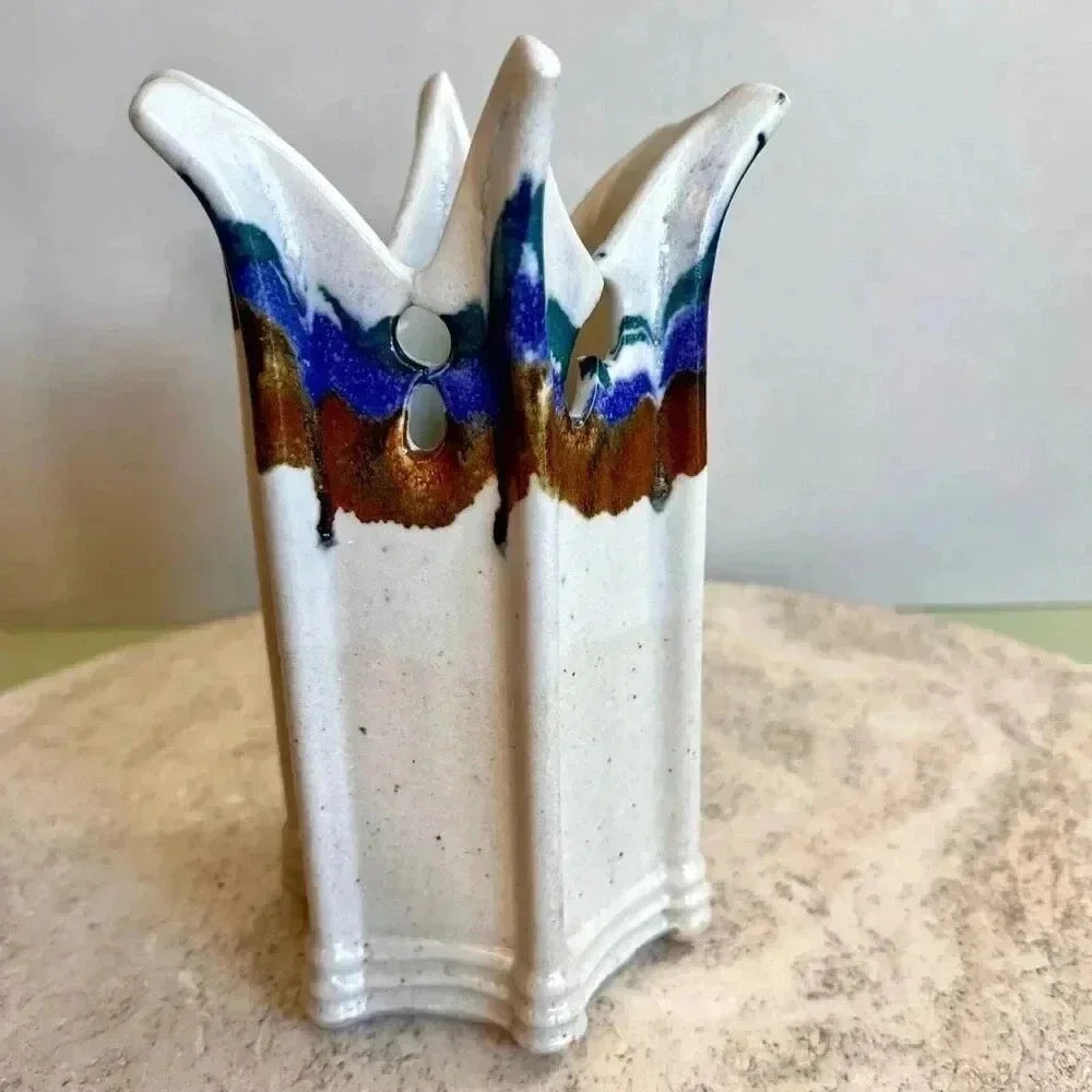 Vintage Flower Table Kitchen Vase White Blue‎ Pour Technique 4 x 7 Inches artist